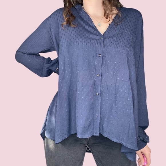 Free People Long Sleeve Button Down Crochet Blouse 100% Soft Rayon - Picture 8 of 12